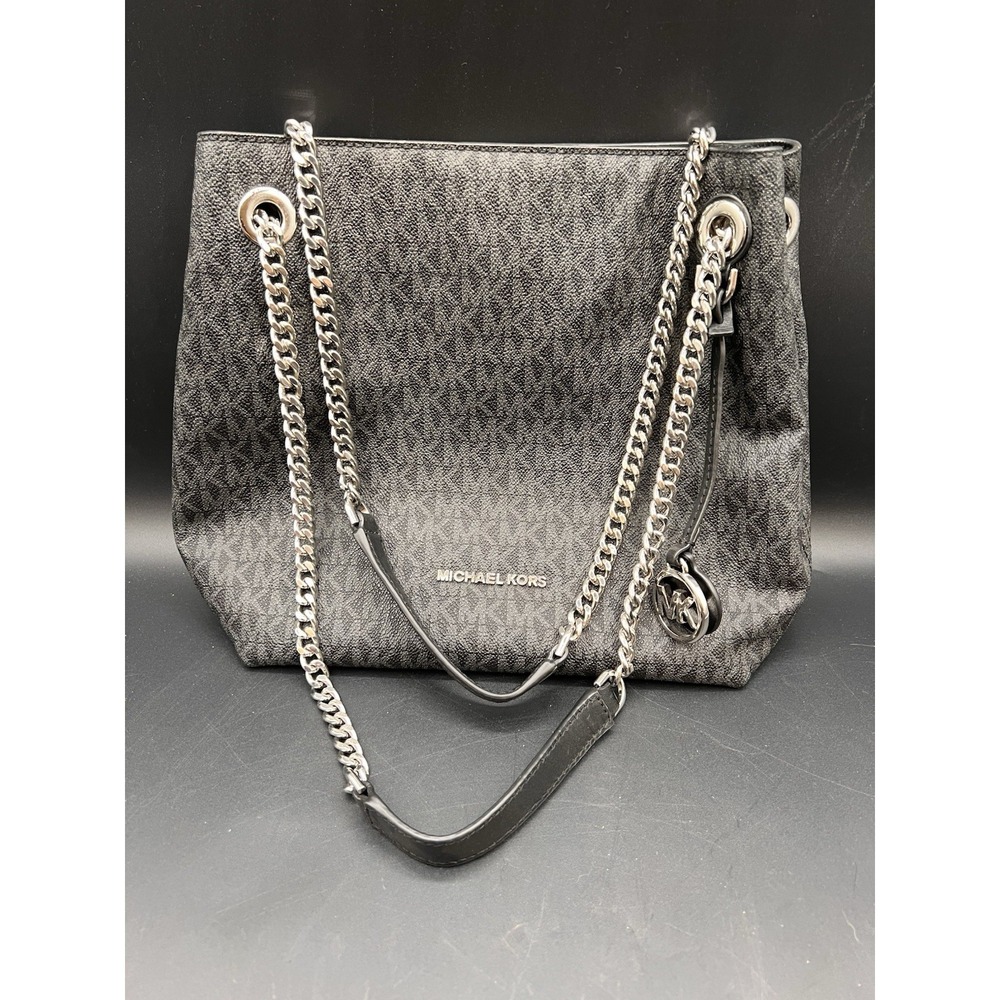 Michael Kors Jet Set Large Signature Chain Shoulder Tote Handbag Black Preowned - Picture 1 of 8